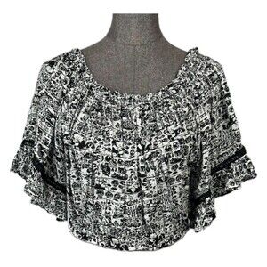 Umgee Off-Shoulder Crop Top Size Large Black White Bell Sleeves